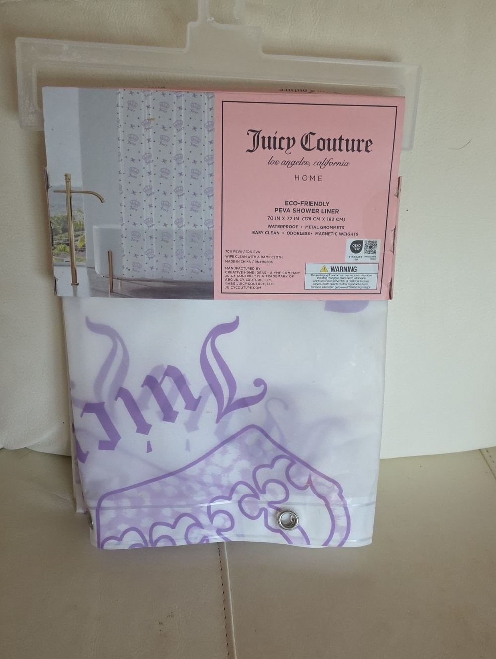 Juicy Couture White and Purple Shower Curtain with Crowns. NWT